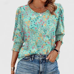 Lana Smocked Cuff Puff Sleeve Blouse in Turquoise Floral