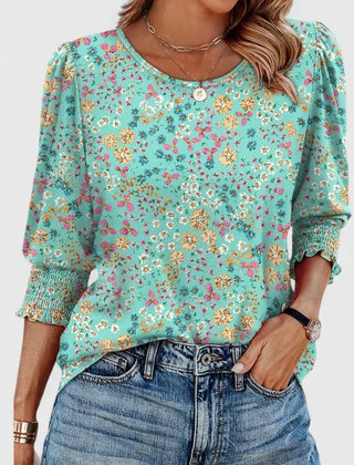 Lana Smocked Cuff Puff Sleeve Blouse in Turquoise Floral