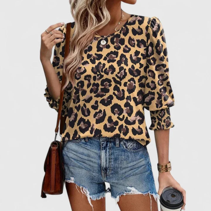 Lana Smocked Cuff Puff Sleeve Blouse in Leopard Brown