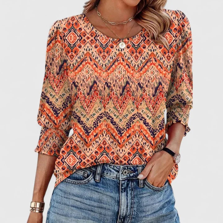 Lana Smocked Cuff Puff Sleeve Blouse in Orange Print