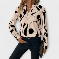 Lara Abstract Print Split Neck Blouse in Beige