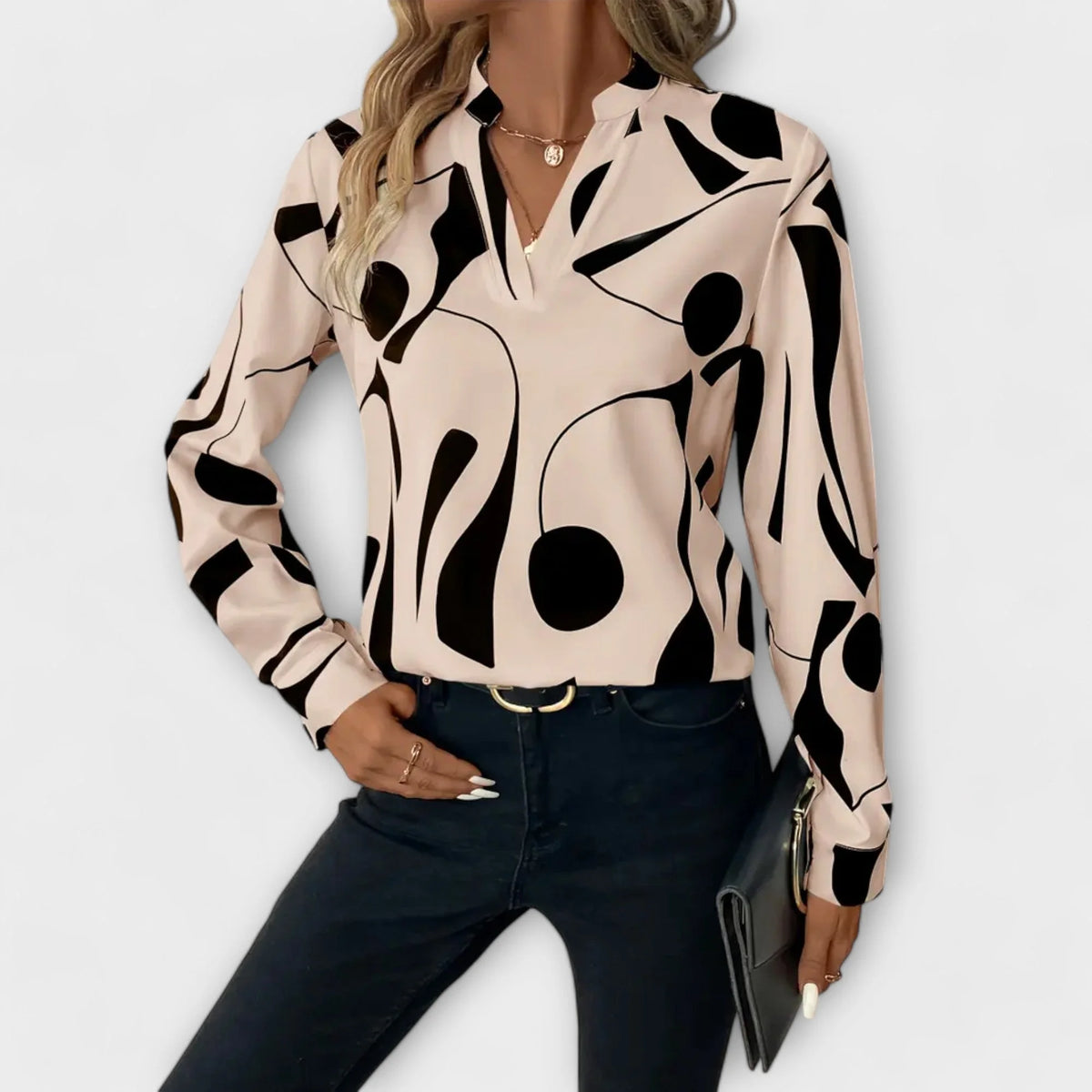 Lara Abstract Print Split Neck Blouse in Beige