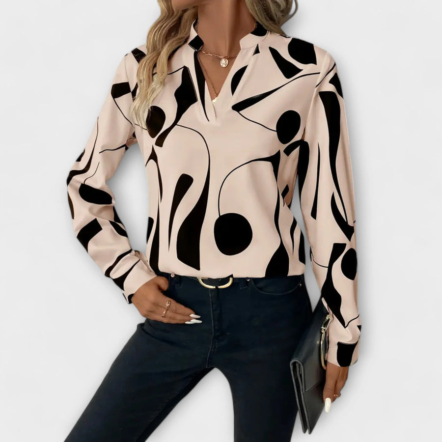 Lara Abstract Print Split Neck Blouse in Beige