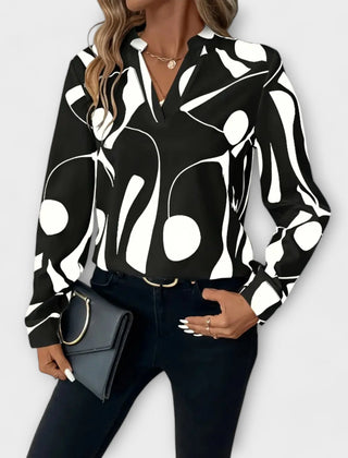Lara Abstract Print Split Neck Blouse in Black
