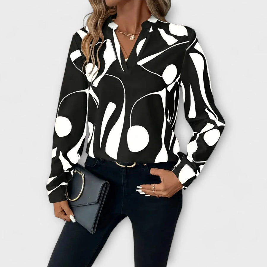 Lara Abstract Print Split Neck Blouse in Black