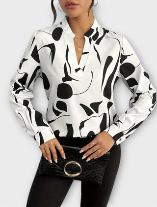 Lara Abstract Print Split Neck Blouse in White
