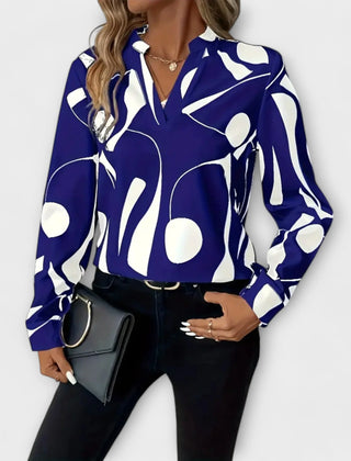 Lara Abstract Print Split Neck Blouse in Cobalt Blue