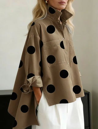 Leah Polka Dot Oversized Shirt in Tan