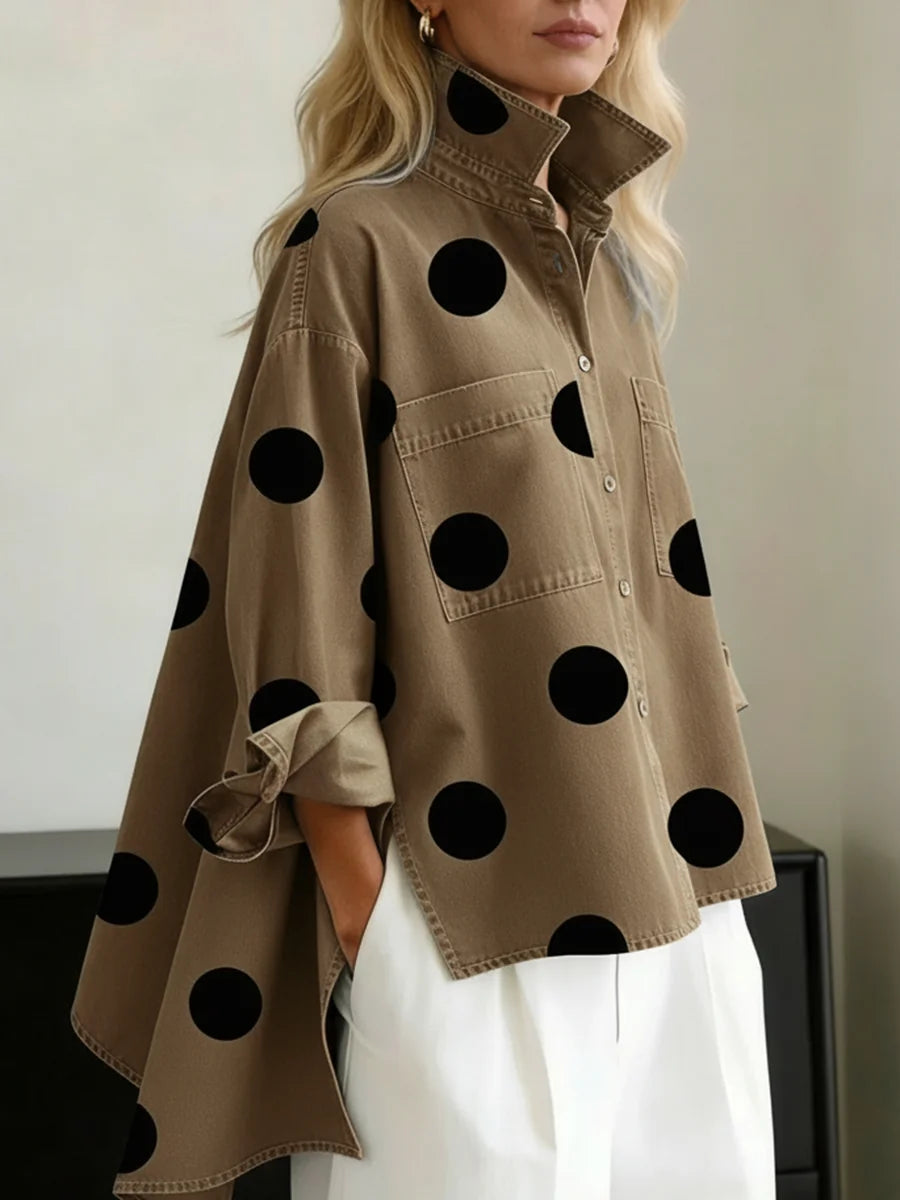 Leah Polka Dot Oversized Shirt in Tan