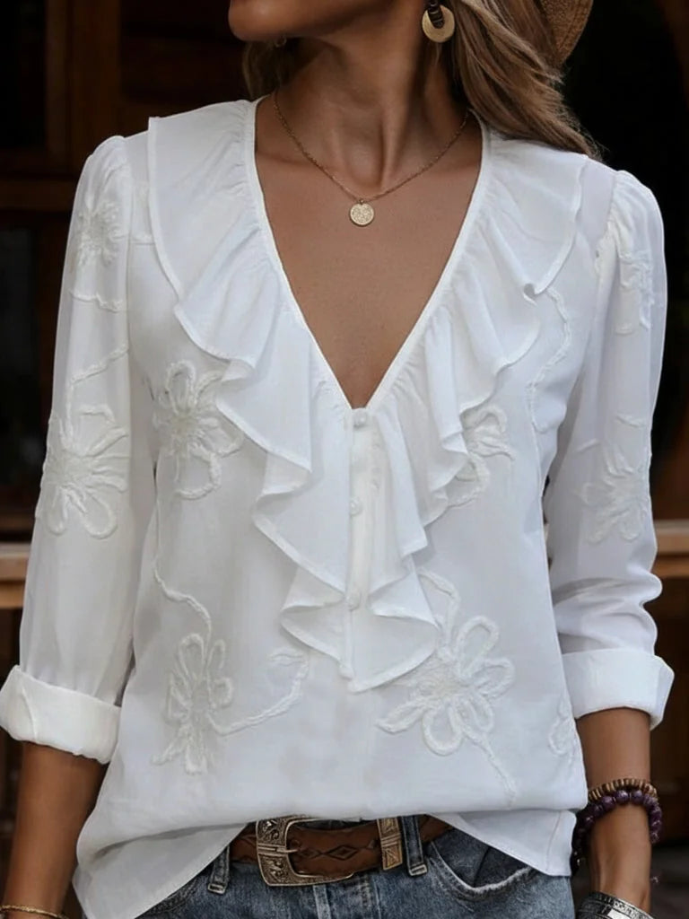 Leigh Embroidered Ruffle V-Neck Blouse in White