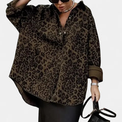 Leonora Leopard Print Lapel Collar Shirt in Leopard Brown