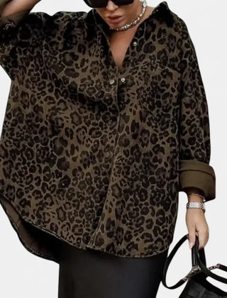 Leonora Leopard Print Lapel Collar Shirt in Leopard Brown