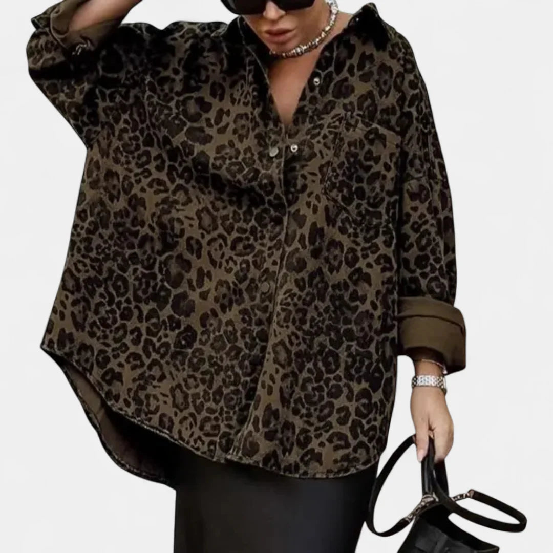 Leonora Leopard Print Lapel Collar Shirt in Leopard Brown