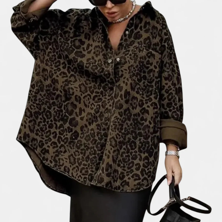 Leonora Leopard Print Lapel Collar Shirt in Leopard Brown