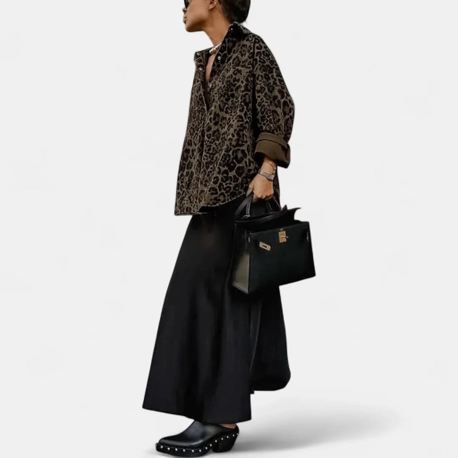 Leonora Leopard Print Lapel Collar Shirt in Leopard Brown