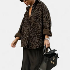 Leonora Leopard Print Lapel Collar Shirt in Leopard Brown