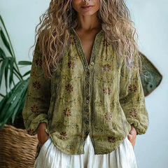 Leslie Embroidered Trim Boho Blouse in Olive Green