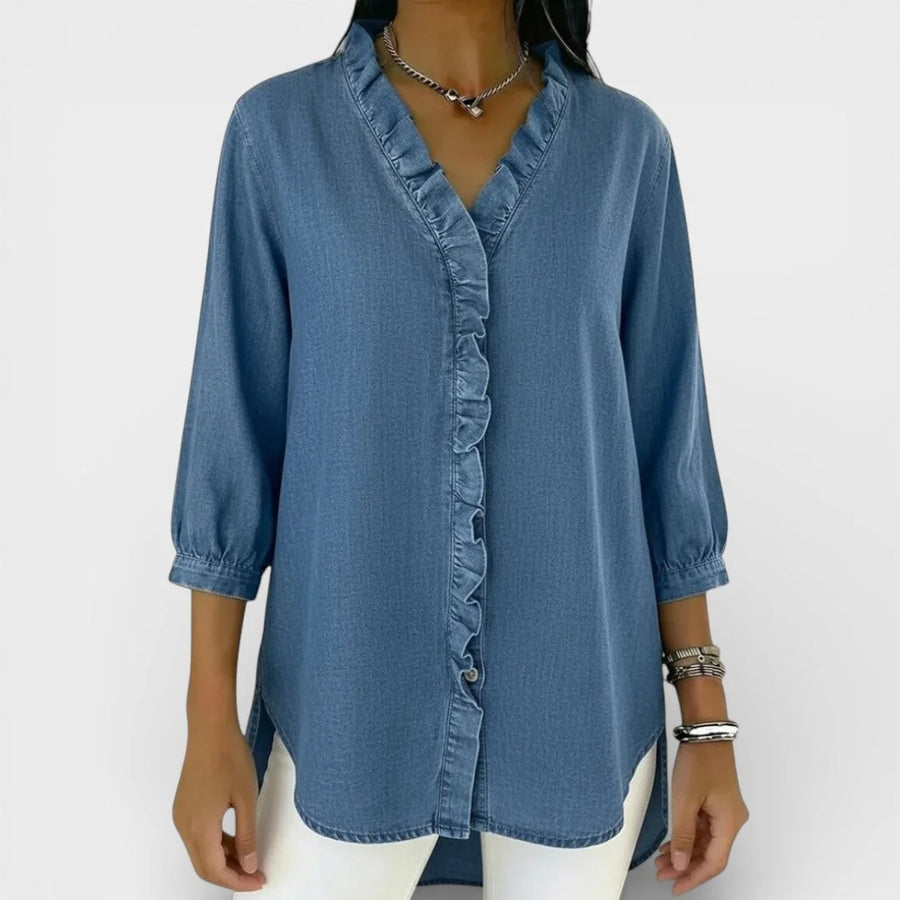 Libby Chambray-Look Ruffle Trim Blouse in Blue