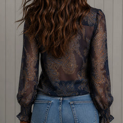 Lillian Paisley Ruffle Neck Blouse in Navy