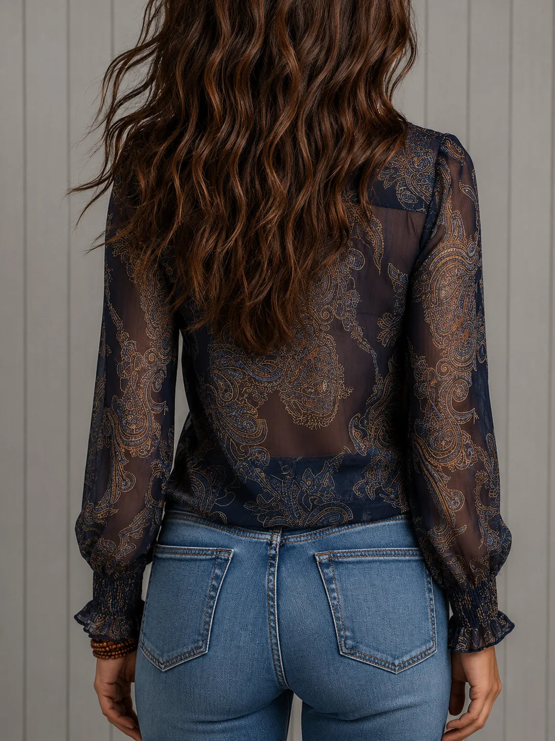 Lillian Paisley Ruffle Neck Blouse in Navy