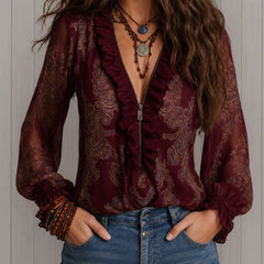 Lillian Paisley Ruffle Neck Blouse in Burgundy