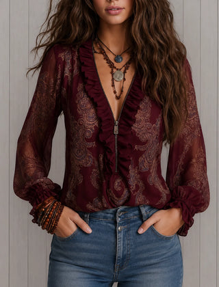 Lillian Paisley Ruffle Neck Blouse in Burgundy