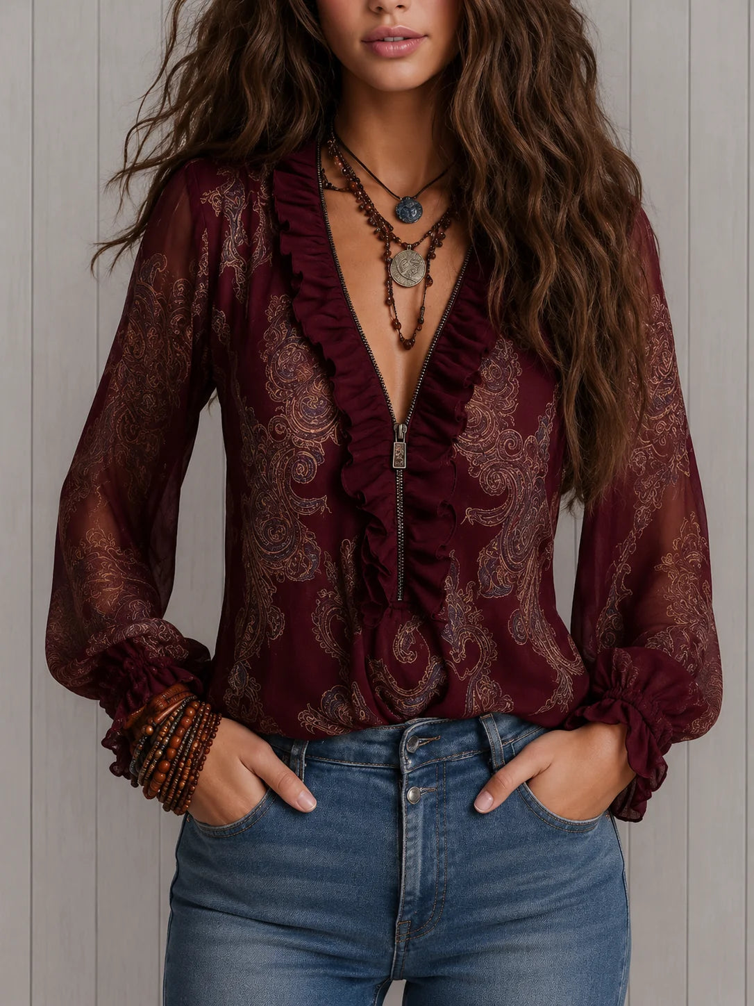 Lillian Paisley Ruffle Neck Blouse in Burgundy