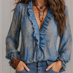 Lillian Paisley Ruffle Neck Blouse in Light Blue
