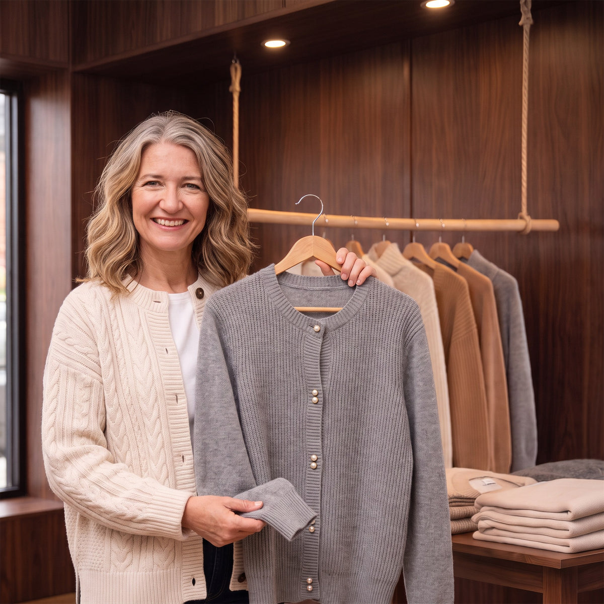 Mae holding up a grey pearl-button cardigan in the boutique