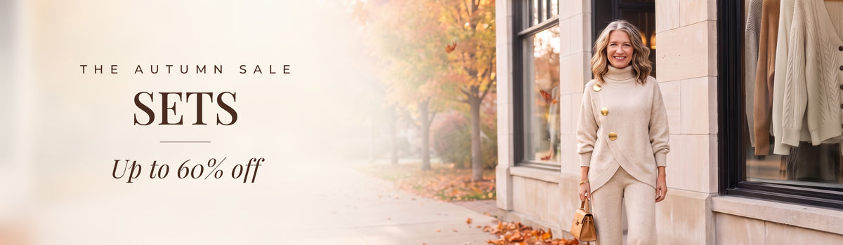 The Autumn Sale: Sets, up to 60% off. Mae in front of the Linden & Mae boutique.