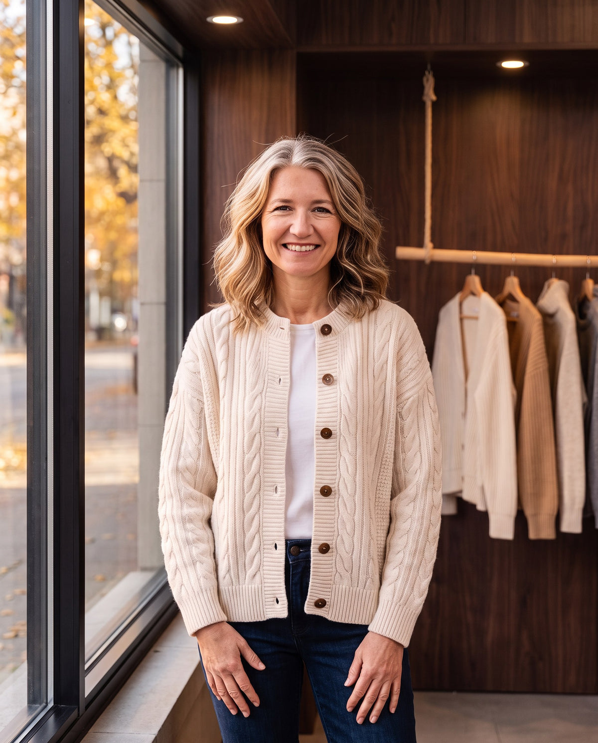 Mae, owner of Linden & Mae, smiling in her boutique