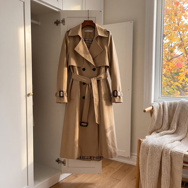Ada belted double-breasted trench coat in beige hanging by a window with autumn leaves