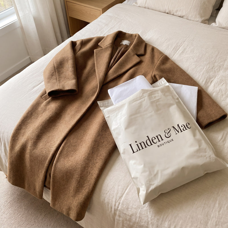 Alison oversized notch collar coat in camel on a bed next to a Linden & Mae shipping mailer