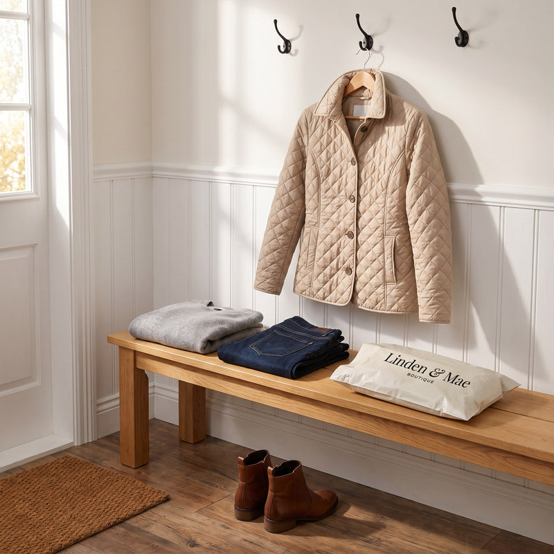 Bridget diamond quilted jacket in khaki on a hook above jeans, a sweater and a Linden & Mae mailer