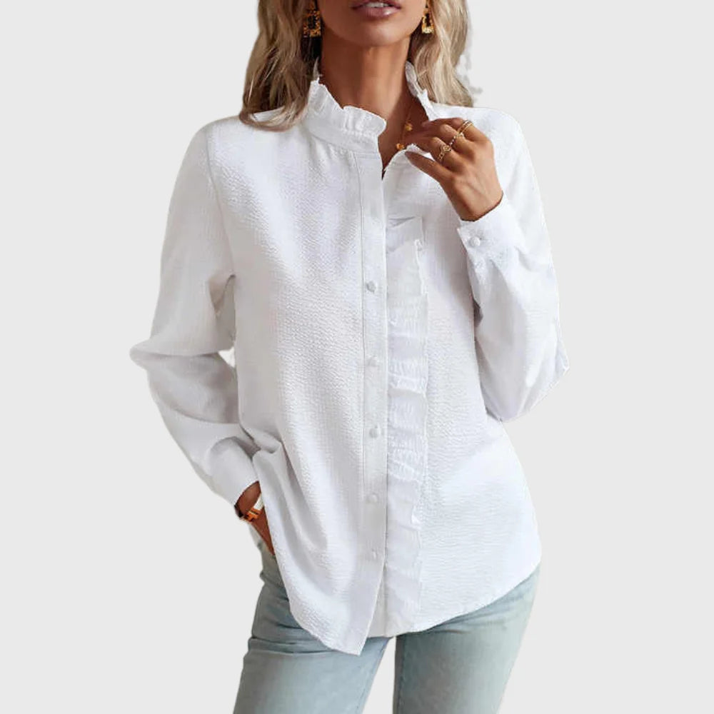 Lindsay Ruffle Placket Button Blouse in White