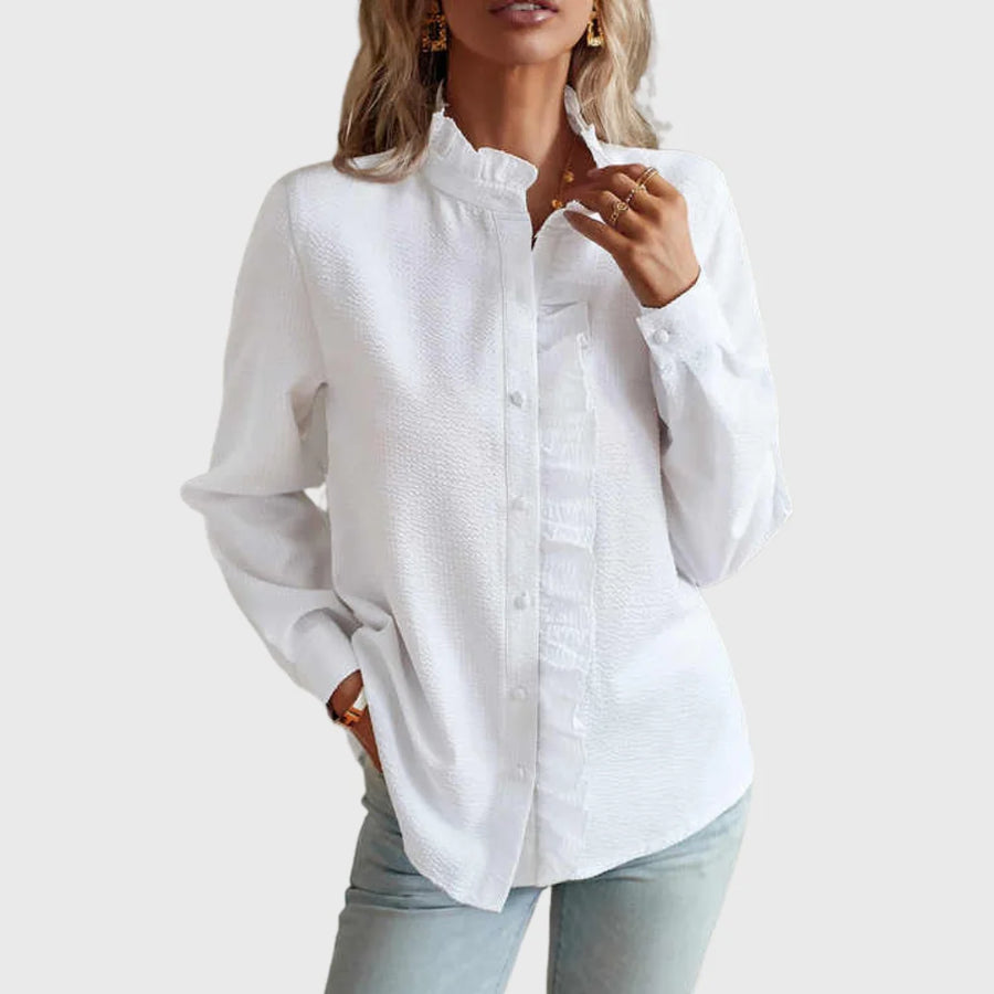 Lindsay Ruffle Placket Button Blouse in White