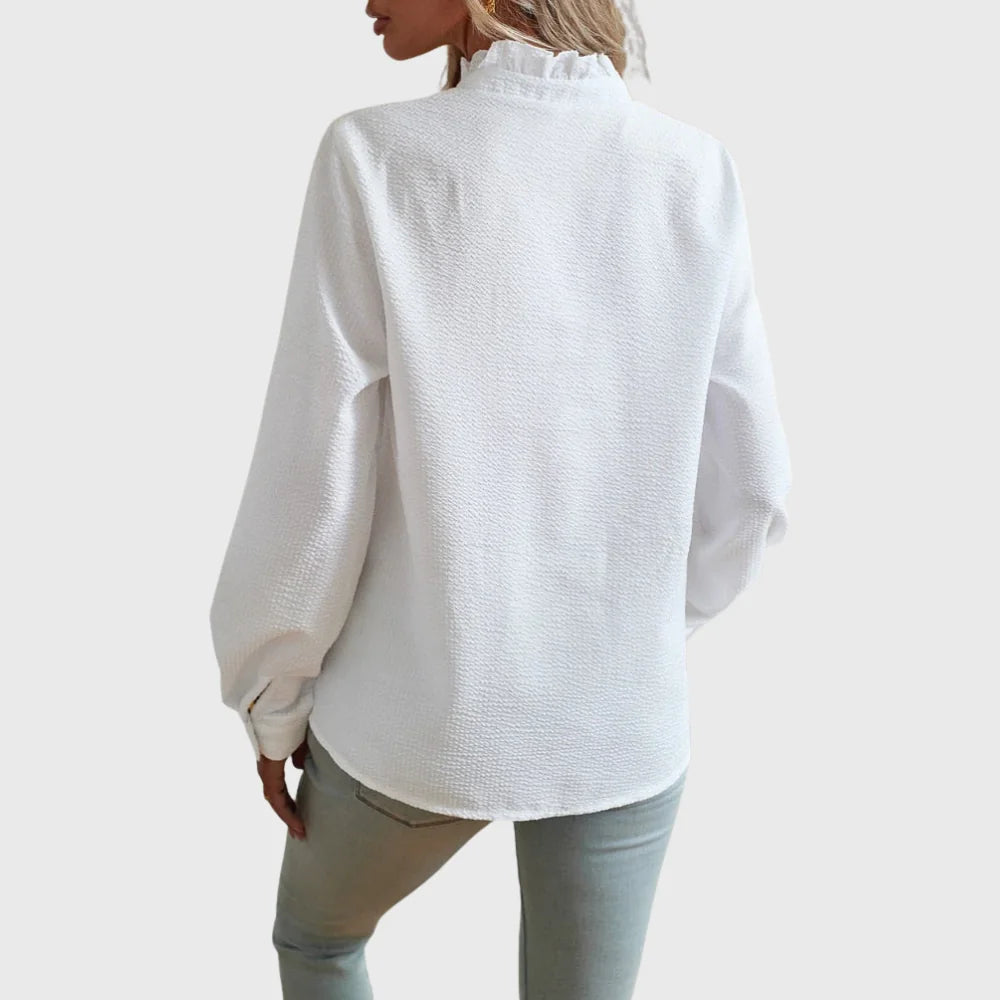 Lindsay Ruffle Placket Button Blouse in White