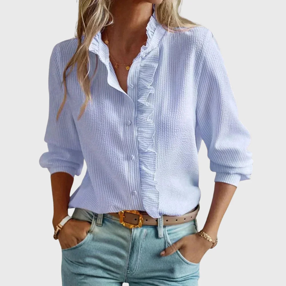 Lindsay Ruffle Placket Button Blouse in Light Blue