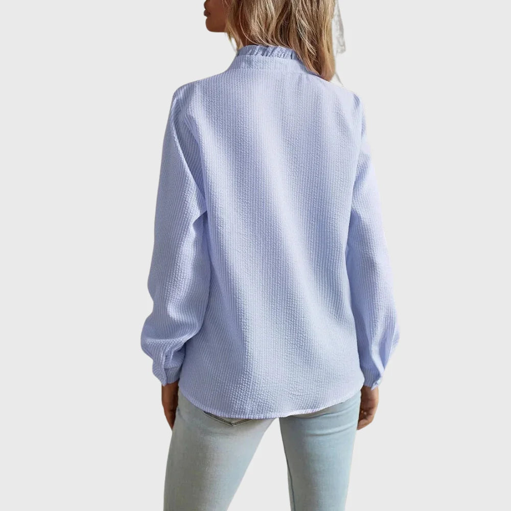 Lindsay Ruffle Placket Button Blouse in Light Blue