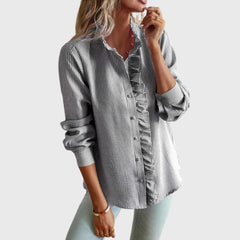 Lindsay Ruffle Placket Button Blouse in Grey