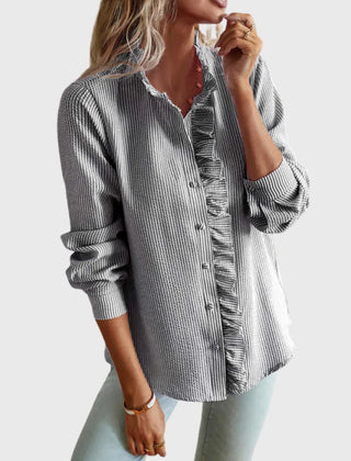 Lindsay Ruffle Placket Button Blouse in Grey
