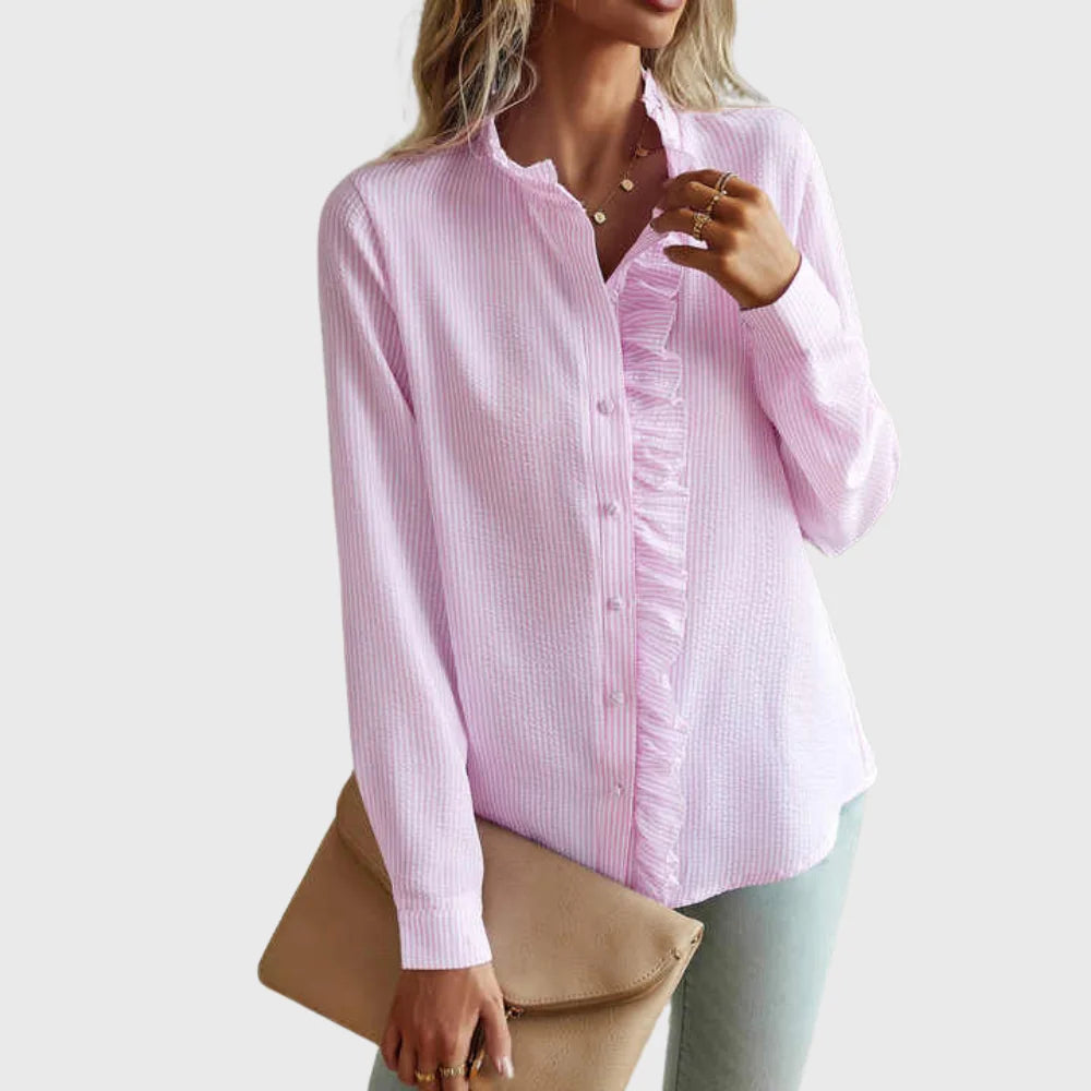 Lindsay Ruffle Placket Button Blouse in Light Pink