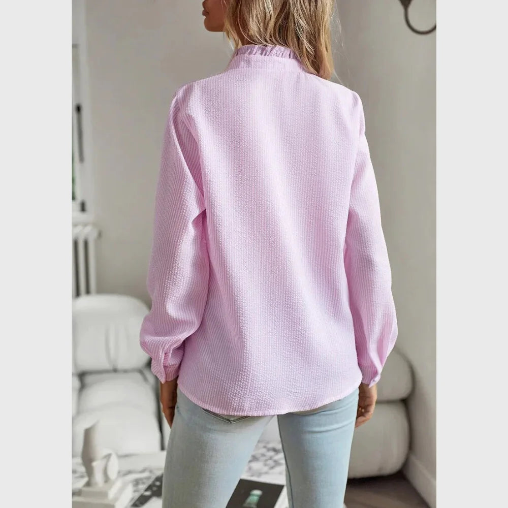 Lindsay Ruffle Placket Button Blouse in Light Pink