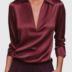 Lisa Draped V-Neck Collared Blouse in Burgundy