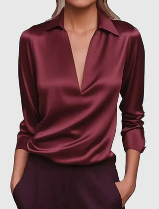 Lisa Draped V-Neck Collared Blouse in Burgundy