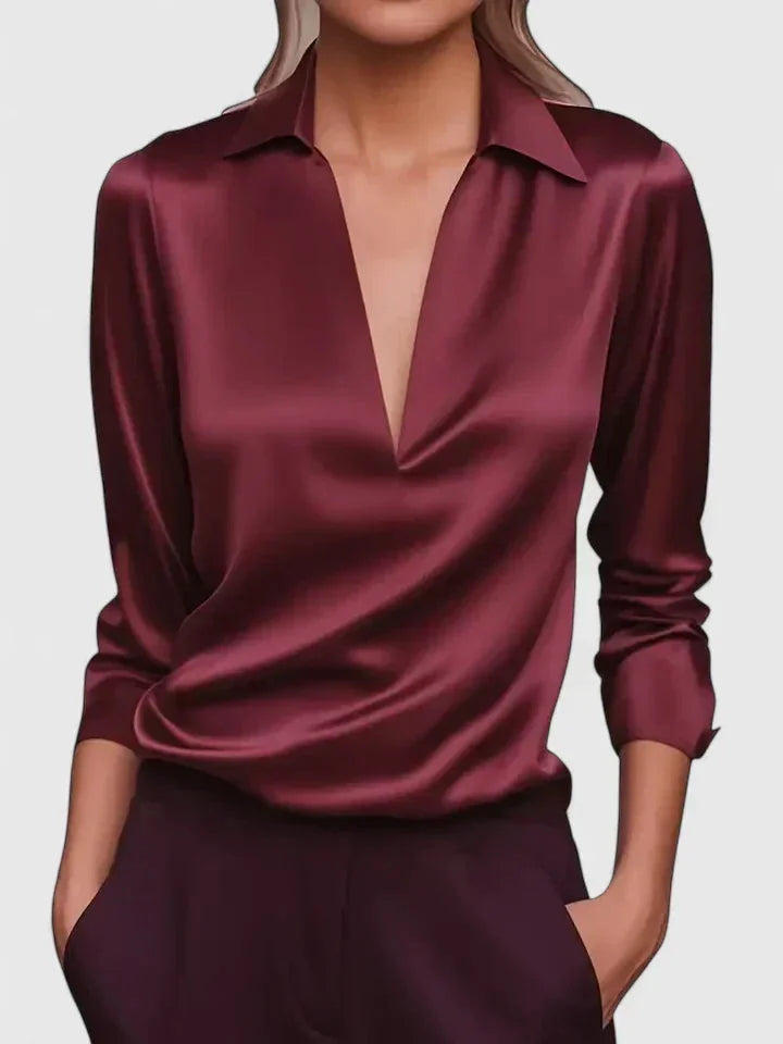 Lisa Draped V-Neck Collared Blouse in Burgundy
