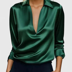 Lisa Draped V-Neck Collared Blouse in Green