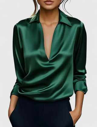 Lisa Draped V-Neck Collared Blouse in Green