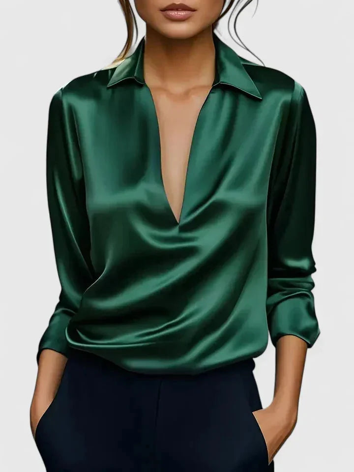 Lisa Draped V-Neck Collared Blouse in Green