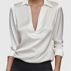 Lisa Draped V-Neck Collared Blouse in White